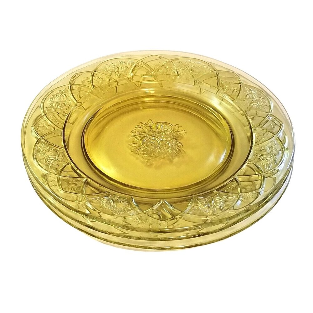 Rosemary Yellow Amber Glass Plates Set 3 Dutch Rose Federal Depression 9.5''